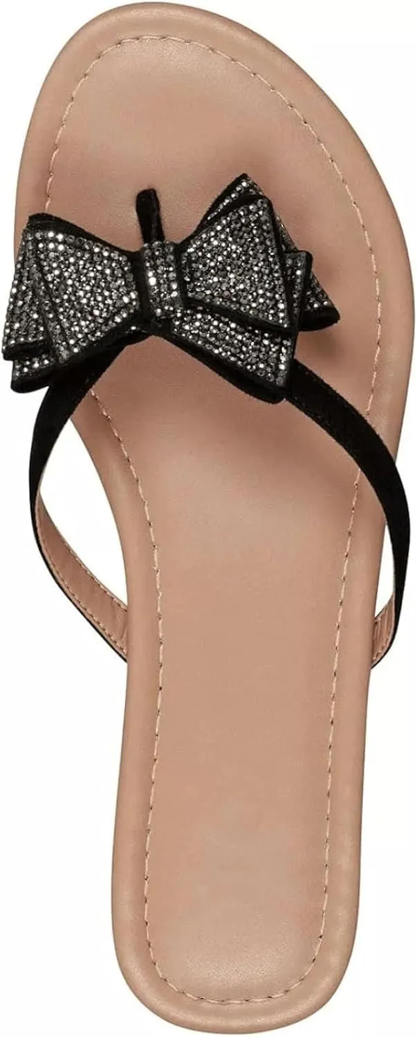 Womens Flat Bow Sparkly Flip Flop Sandals,Ladies Rhinestones Comfortable Thong Slide Dressy Casual Cute Trendy Vacation Beach Slip on Glitter Slippers Shoe