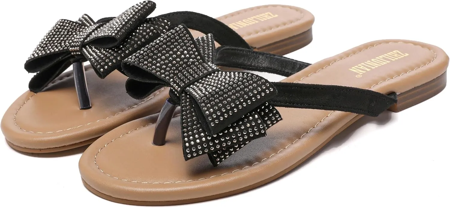 Womens Flat Bow Sparkly Flip Flop Sandals,Ladies Rhinestones Comfortable Thong Slide Dressy Casual Cute Trendy Vacation Beach Slip on Glitter Slippers Shoe