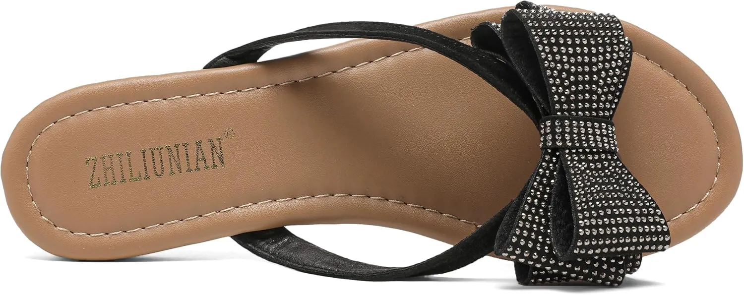 Womens Flat Bow Sparkly Flip Flop Sandals,Ladies Rhinestones Comfortable Thong Slide Dressy Casual Cute Trendy Vacation Beach Slip on Glitter Slippers Shoe