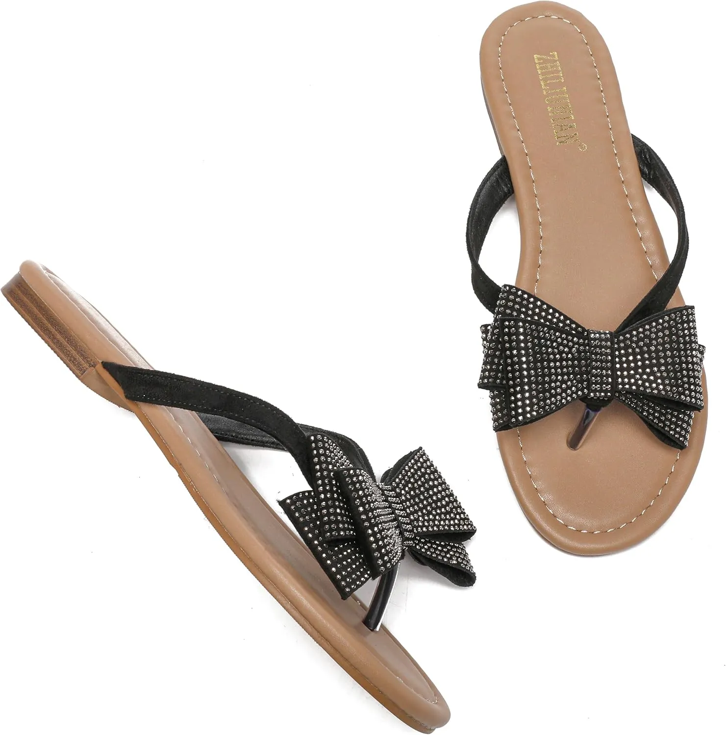 Womens Flat Bow Sparkly Flip Flop Sandals,Ladies Rhinestones Comfortable Thong Slide Dressy Casual Cute Trendy Vacation Beach Slip on Glitter Slippers Shoe