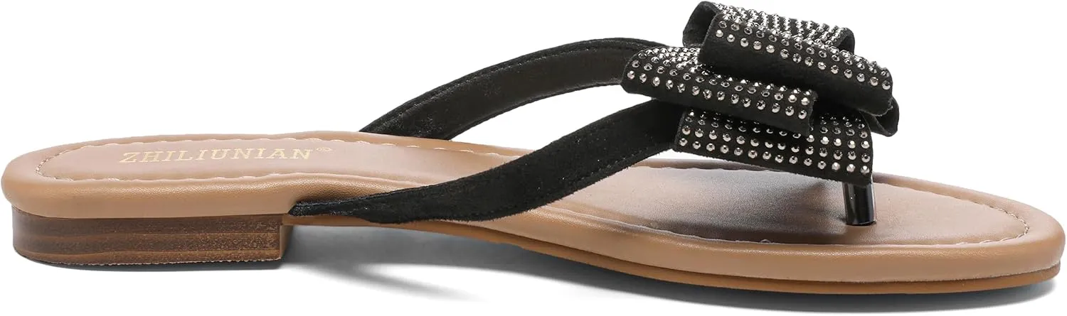 Womens Flat Bow Sparkly Flip Flop Sandals,Ladies Rhinestones Comfortable Thong Slide Dressy Casual Cute Trendy Vacation Beach Slip on Glitter Slippers Shoe