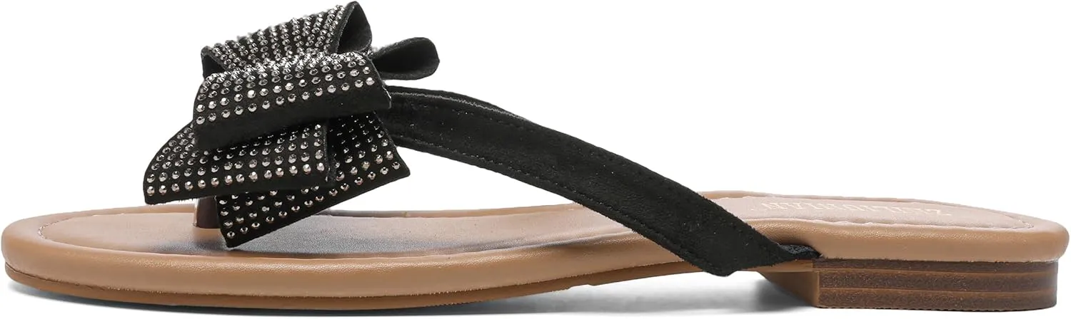 Womens Flat Bow Sparkly Flip Flop Sandals,Ladies Rhinestones Comfortable Thong Slide Dressy Casual Cute Trendy Vacation Beach Slip on Glitter Slippers Shoe