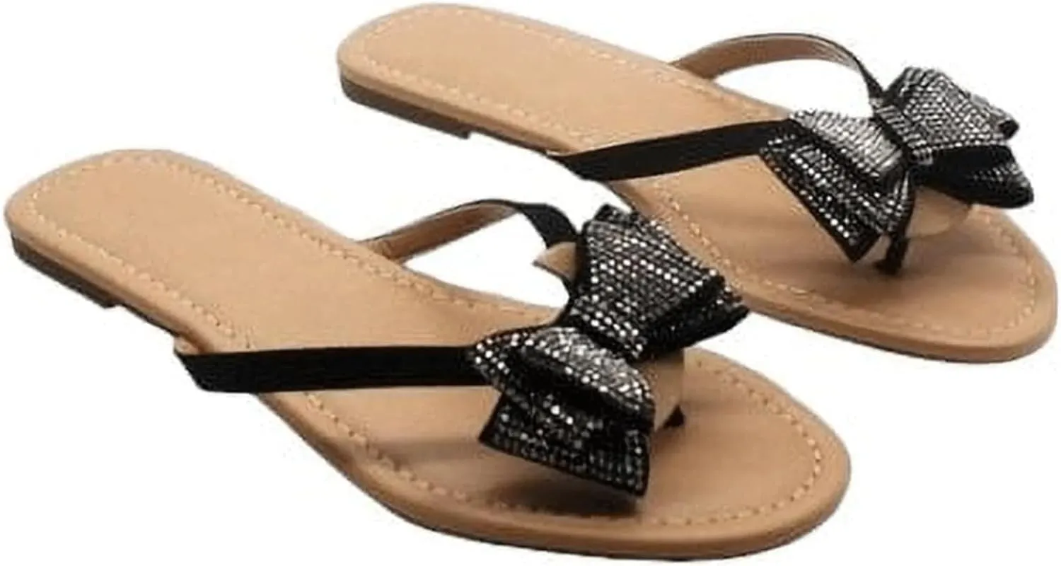 Womens Flat Bow Sparkly Flip Flop Sandals,Ladies Rhinestones Comfortable Thong Slide Dressy Casual Cute Trendy Vacation Beach Slip on Glitter Slippers Shoe