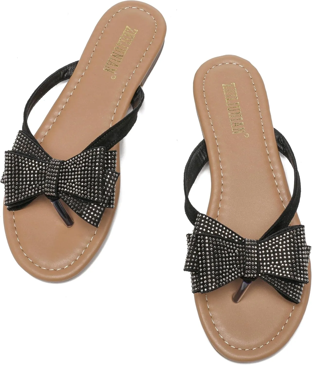 Womens Flat Bow Sparkly Flip Flop Sandals,Ladies Rhinestones Comfortable Thong Slide Dressy Casual Cute Trendy Vacation Beach Slip on Glitter Slippers Shoe