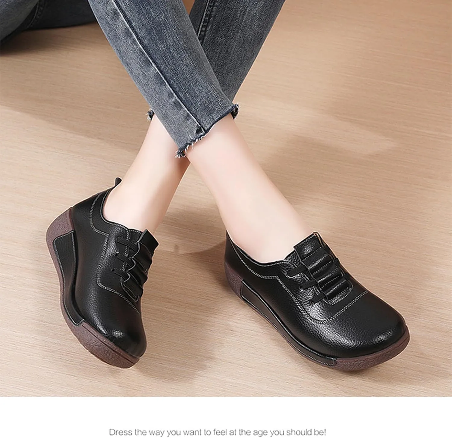 Women's Genuine Leather Lace-up Wedge Sneakers Fashion Breathable Low Top Platform Slip-on Casual Walking Shoes Comfortable Round Toe Non-Slip Work Rocker Shoes