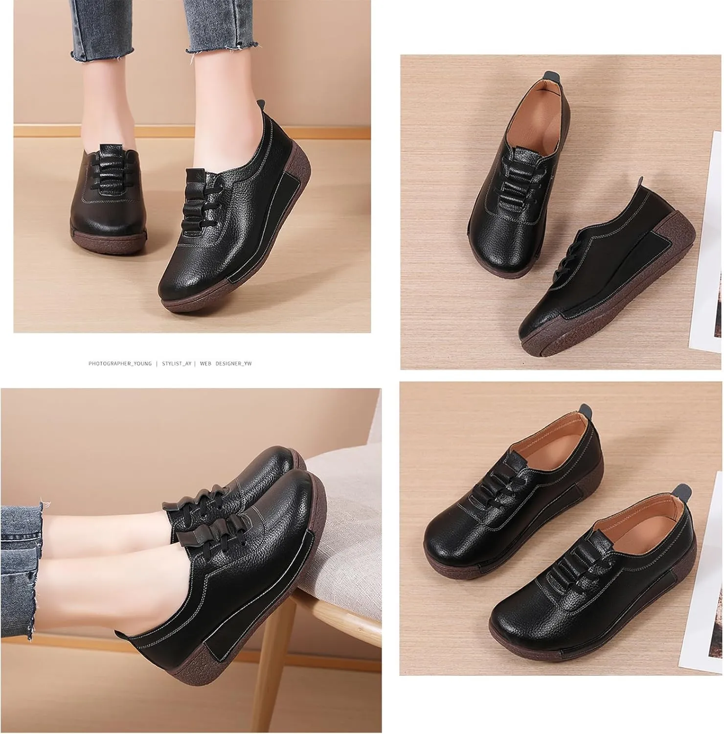 Women's Genuine Leather Lace-up Wedge Sneakers Fashion Breathable Low Top Platform Slip-on Casual Walking Shoes Comfortable Round Toe Non-Slip Work Rocker Shoes