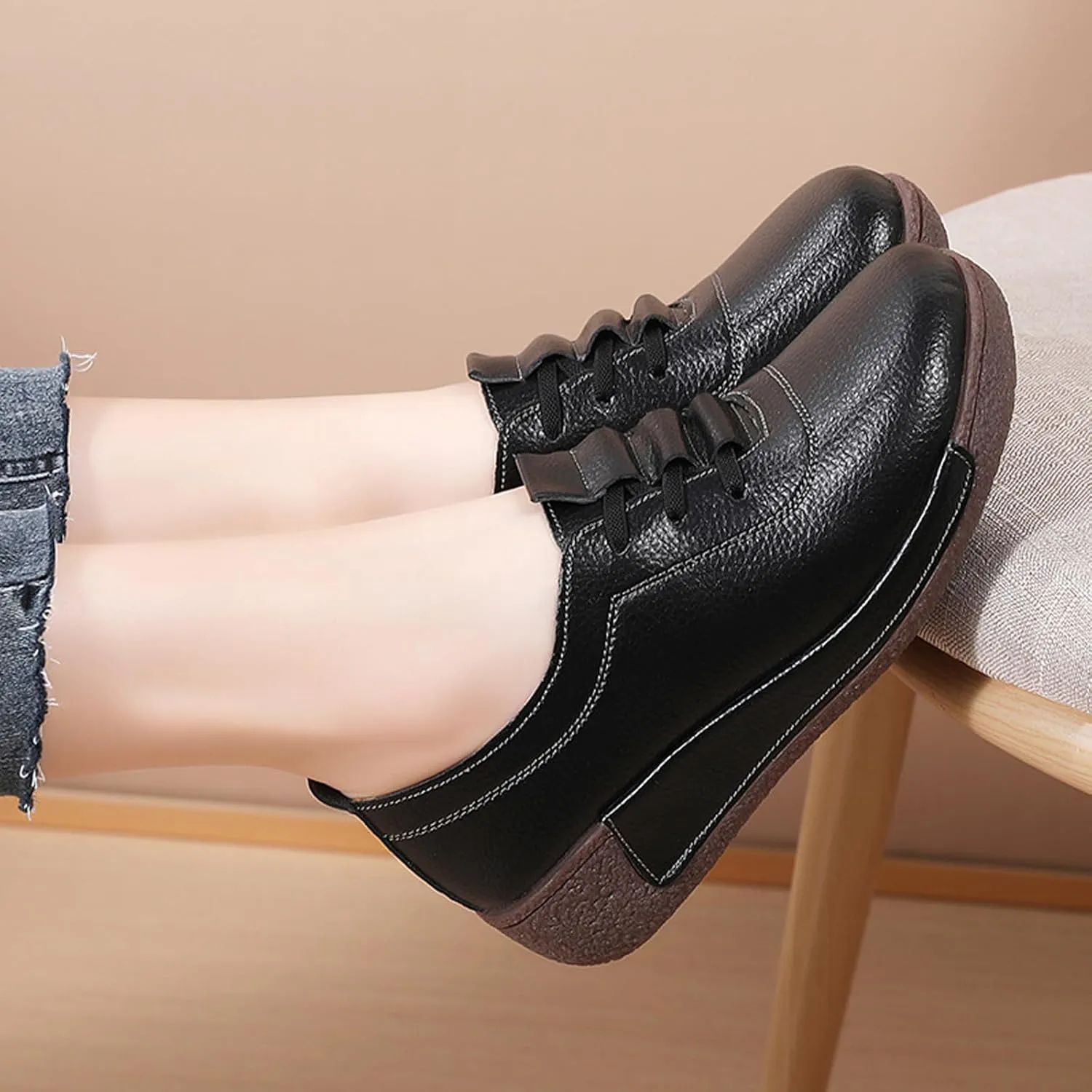Women's Genuine Leather Lace-up Wedge Sneakers Fashion Breathable Low Top Platform Slip-on Casual Walking Shoes Comfortable Round Toe Non-Slip Work Rocker Shoes