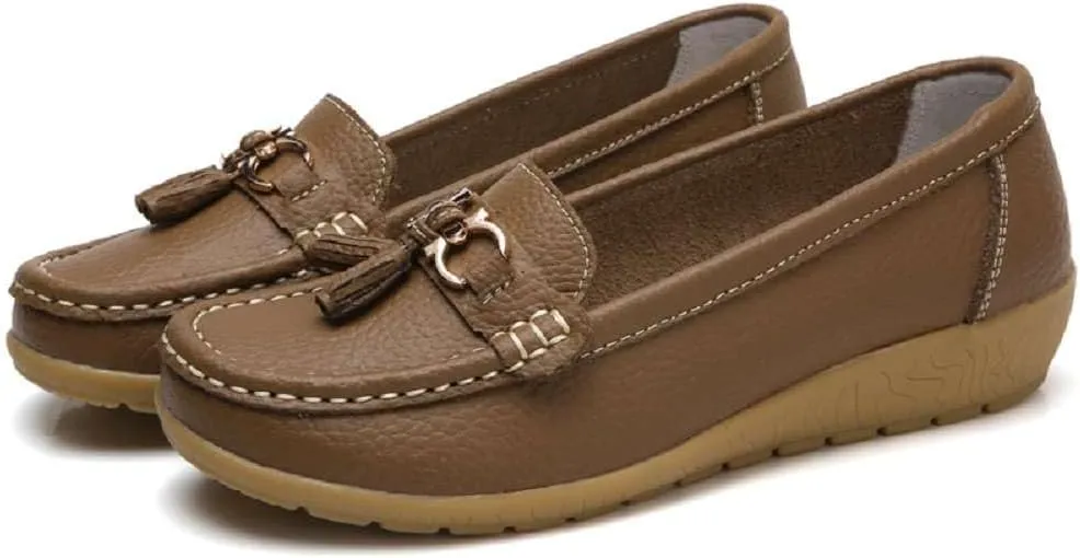 Women's Genuine Leather Platform Loafers Classic Casual Comfort Slip-On Shoes Soft Sole Dress Shoes