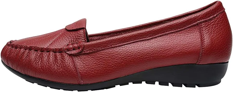 Women's Genuine Leather Soft Sole Ballerinas Slip-on Low Wedge Heel Mid-Aged Walking Shoes
