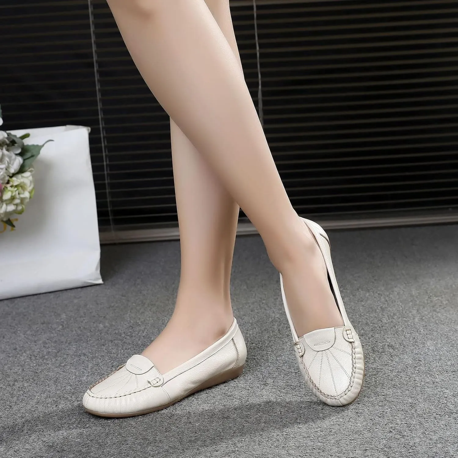 Women's Genuine Leather Soft Sole Ballerinas Slip-on Low Wedge Heel Mid-Aged Walking Shoes