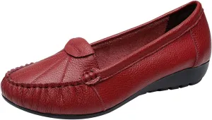 Women's Genuine Leather Soft Sole Ballerinas Slip-on Low Wedge Heel Mid-Aged Walking Shoes
