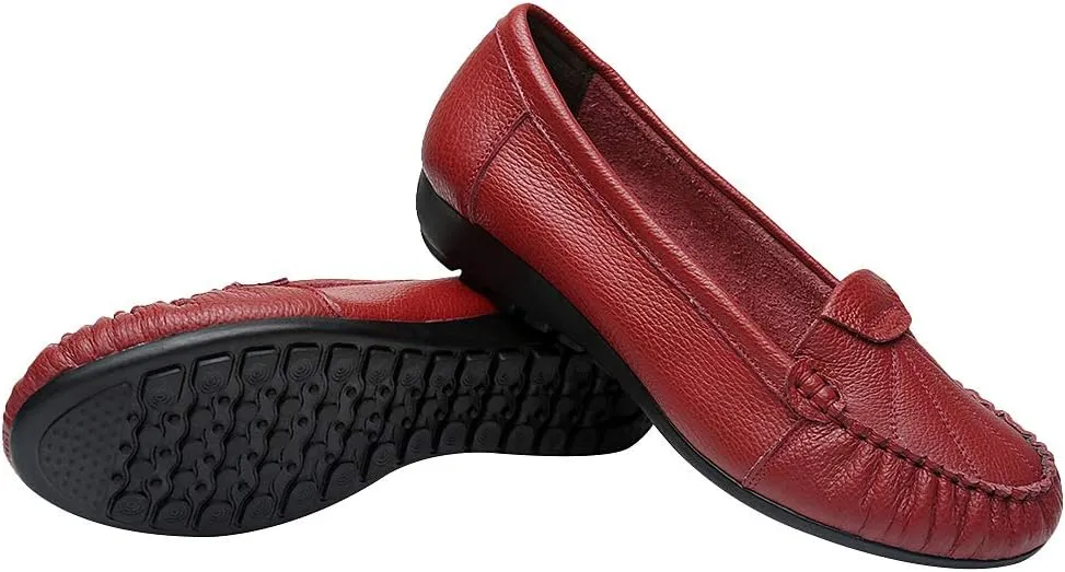 Women's Genuine Leather Soft Sole Ballerinas Slip-on Low Wedge Heel Mid-Aged Walking Shoes