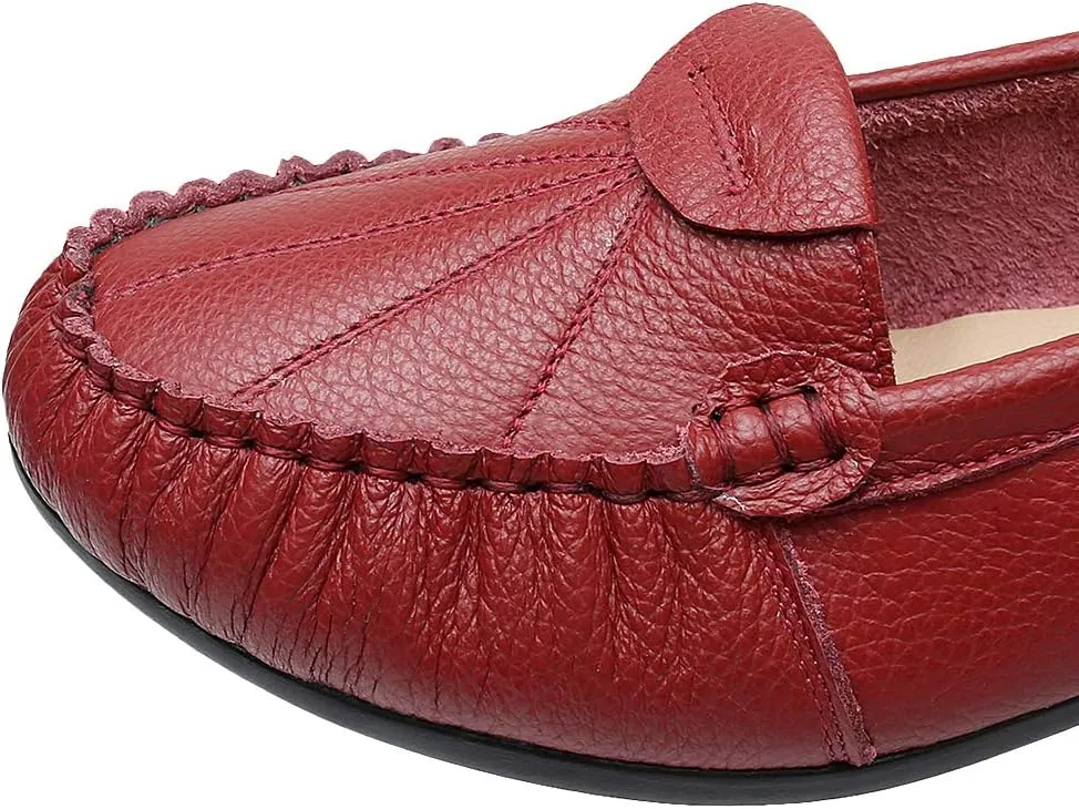 Women's Genuine Leather Soft Sole Ballerinas Slip-on Low Wedge Heel Mid-Aged Walking Shoes
