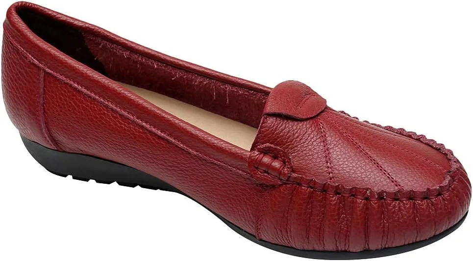 Women's Genuine Leather Soft Sole Ballerinas Slip-on Low Wedge Heel Mid-Aged Walking Shoes