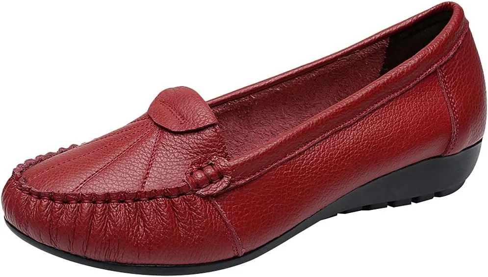 Women's Genuine Leather Soft Sole Ballerinas Slip-on Low Wedge Heel Mid-Aged Walking Shoes