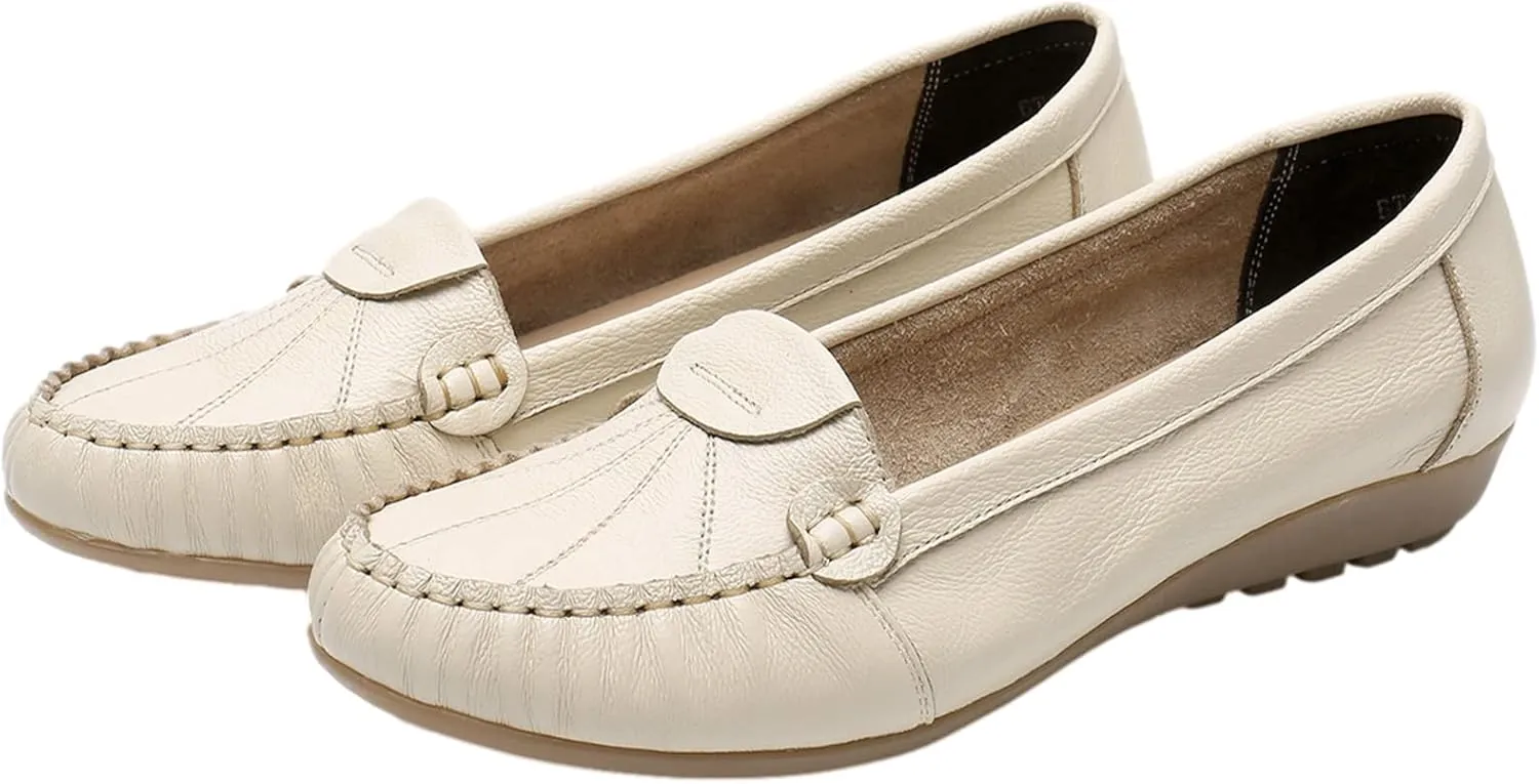 Women's Genuine Leather Soft Sole Ballerinas Slip-on Low Wedge Heel Mid-Aged Walking Shoes