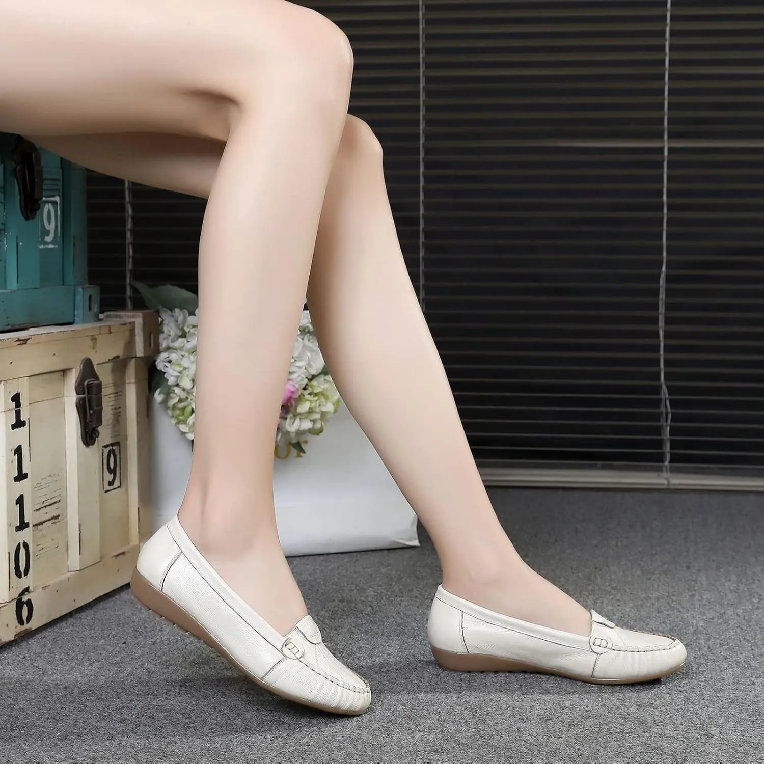 Women's Genuine Leather Soft Sole Ballerinas Slip-on Low Wedge Heel Mid-Aged Walking Shoes