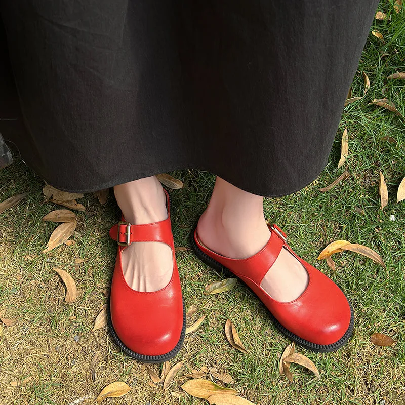 Women's Handmade Genuine Leather Buckle Mary Jane Mule Shoes Round Toe Flats