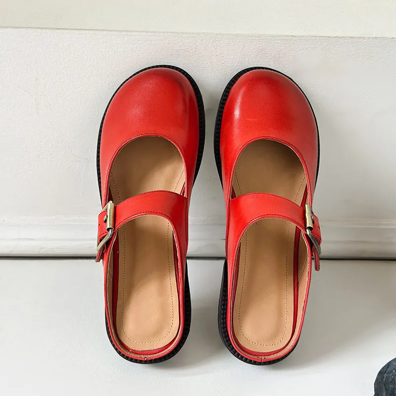 Women's Handmade Genuine Leather Buckle Mary Jane Mule Shoes Round Toe Flats