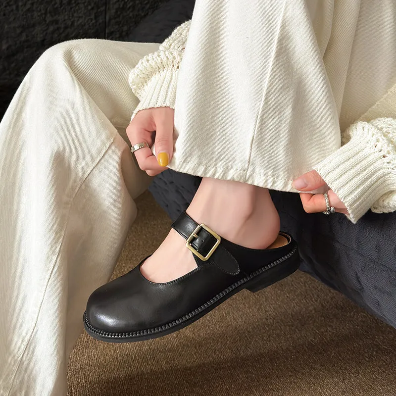 Women's Handmade Genuine Leather Buckle Mary Jane Mule Shoes Round Toe Flats