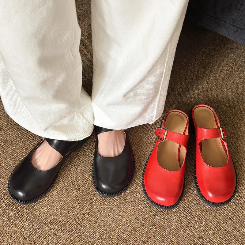 Women's Handmade Genuine Leather Buckle Mary Jane Mule Shoes Round Toe Flats