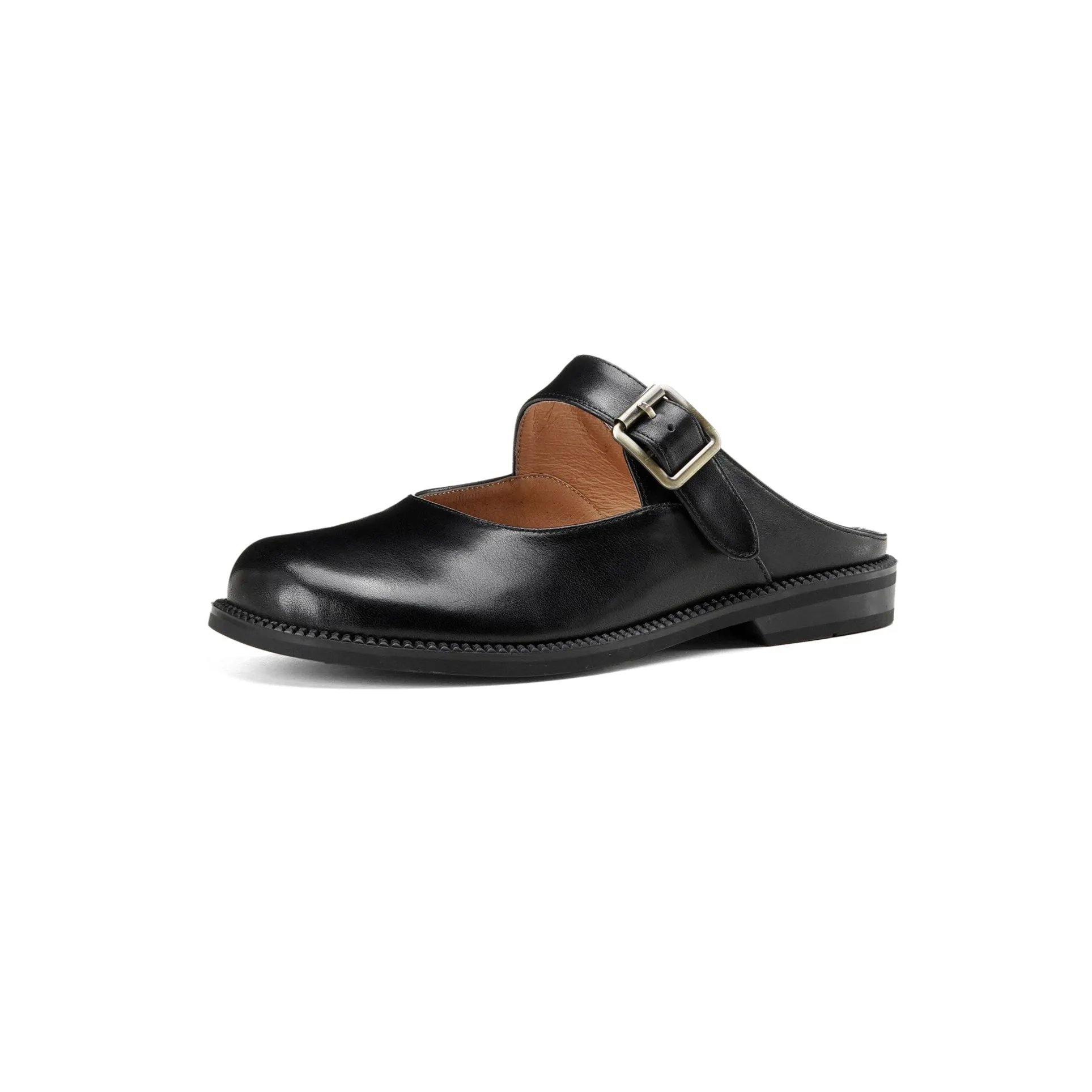 Women's Handmade Genuine Leather Buckle Mary Jane Mule Shoes Round Toe Flats