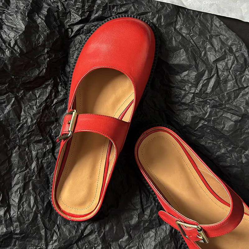 Women's Handmade Genuine Leather Buckle Mary Jane Mule Shoes Round Toe Flats