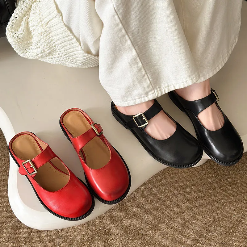 Women's Handmade Genuine Leather Buckle Mary Jane Mule Shoes Round Toe Flats