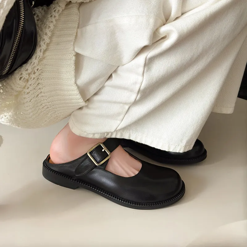 Women's Handmade Genuine Leather Buckle Mary Jane Mule Shoes Round Toe Flats