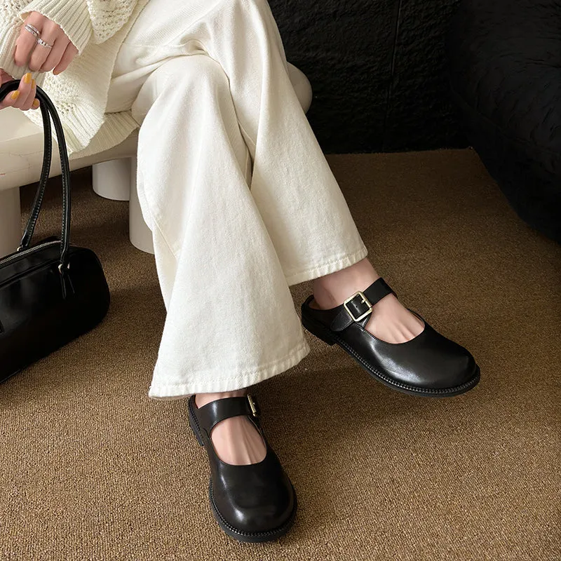 Women's Handmade Genuine Leather Buckle Mary Jane Mule Shoes Round Toe Flats
