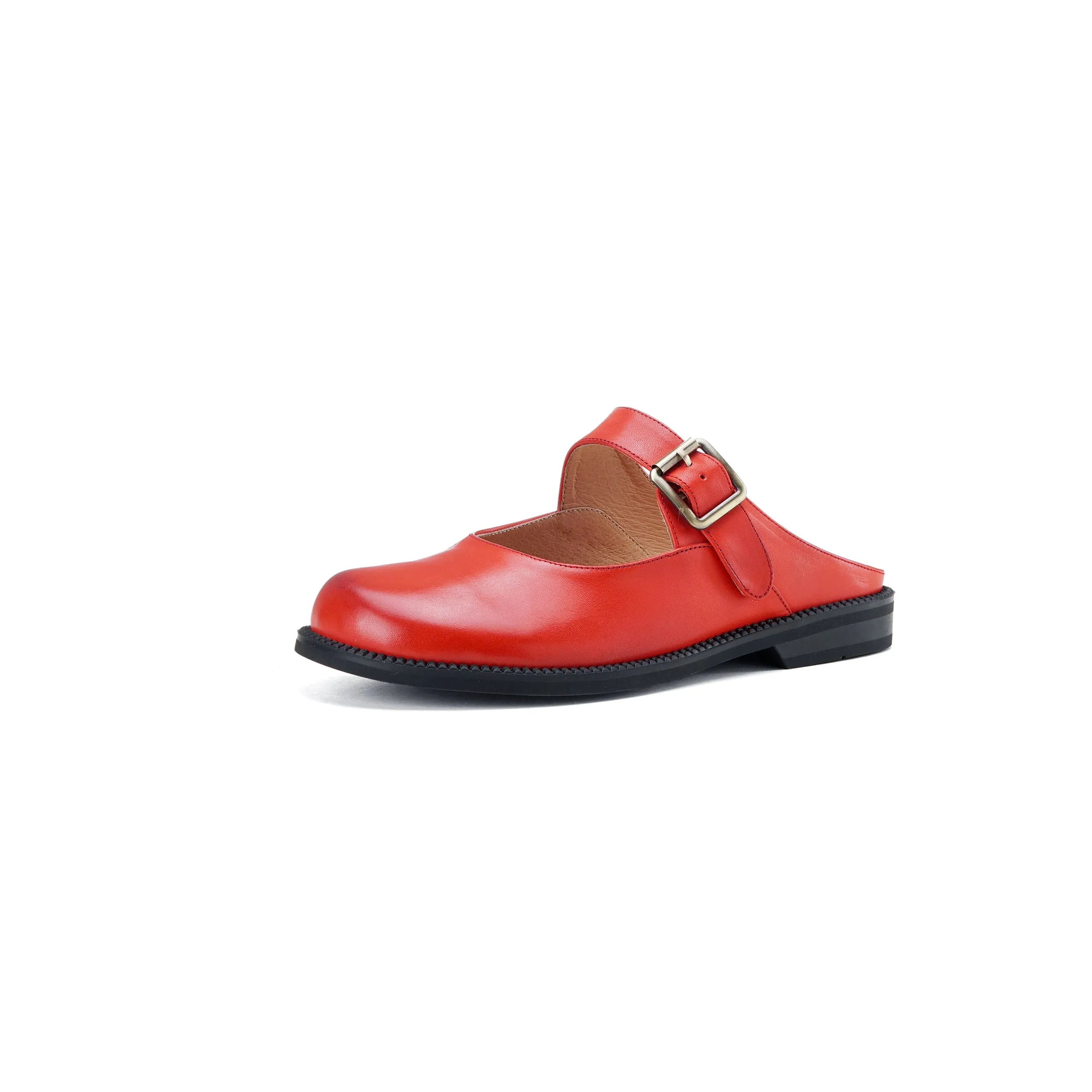 Women's Handmade Genuine Leather Buckle Mary Jane Mule Shoes Round Toe Flats