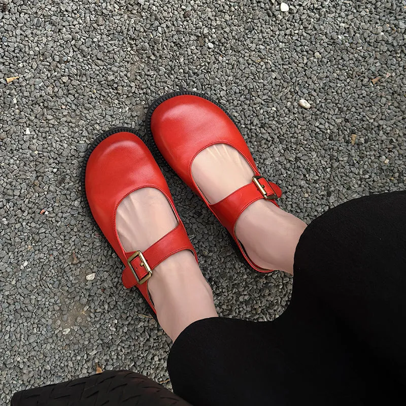 Women's Handmade Genuine Leather Buckle Mary Jane Mule Shoes Round Toe Flats