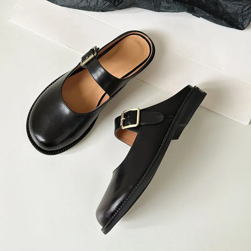 Women's Handmade Genuine Leather Buckle Mary Jane Mule Shoes Round Toe Flats