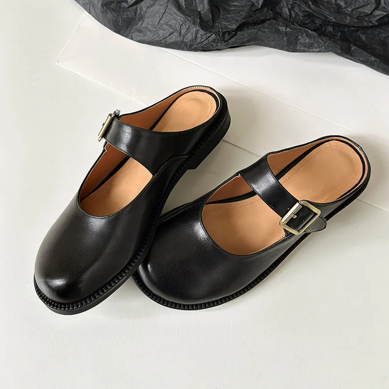 Women's Handmade Genuine Leather Buckle Mary Jane Mule Shoes Round Toe Flats