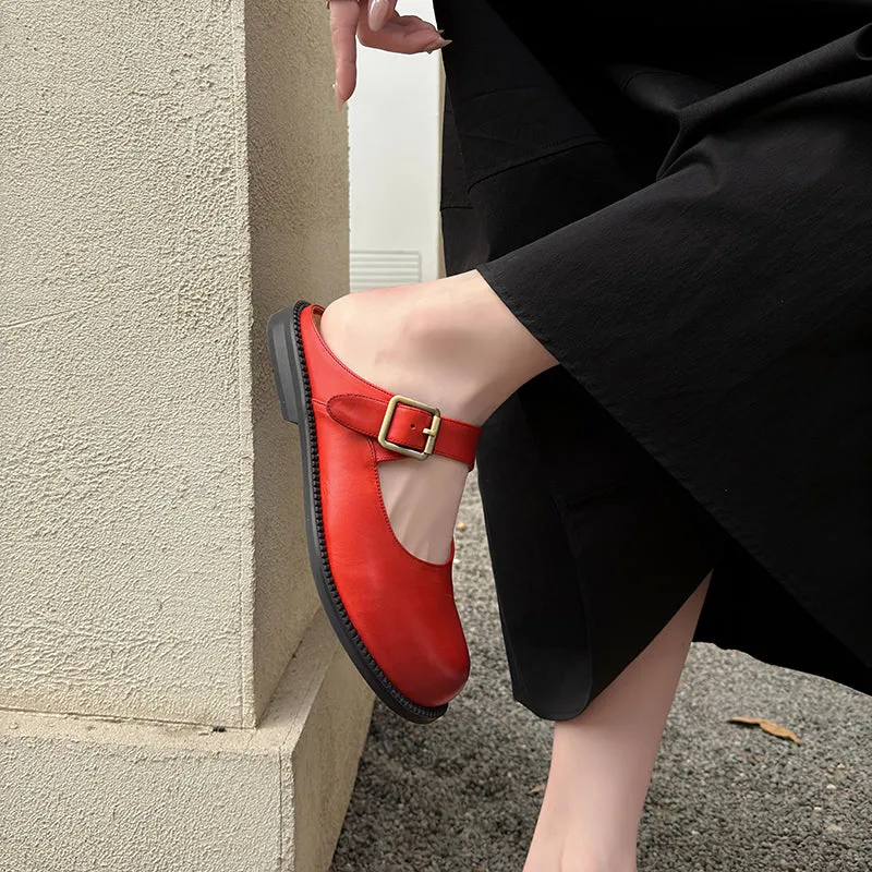 Women's Handmade Genuine Leather Buckle Mary Jane Mule Shoes Round Toe Flats