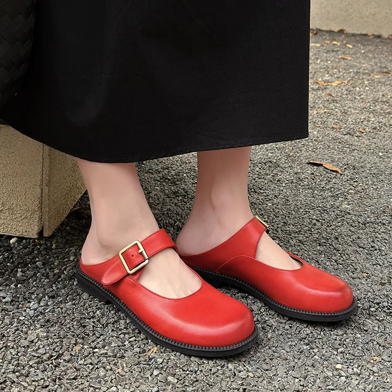 Women's Handmade Genuine Leather Buckle Mary Jane Mule Shoes Round Toe Flats
