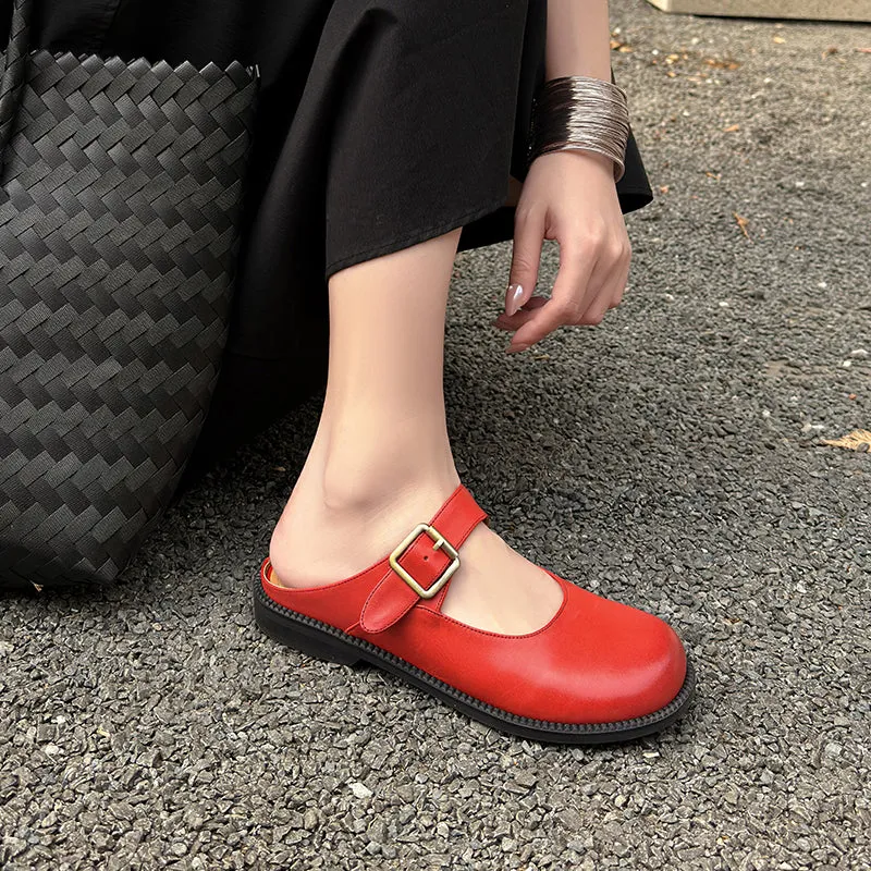 Women's Handmade Genuine Leather Buckle Mary Jane Mule Shoes Round Toe Flats