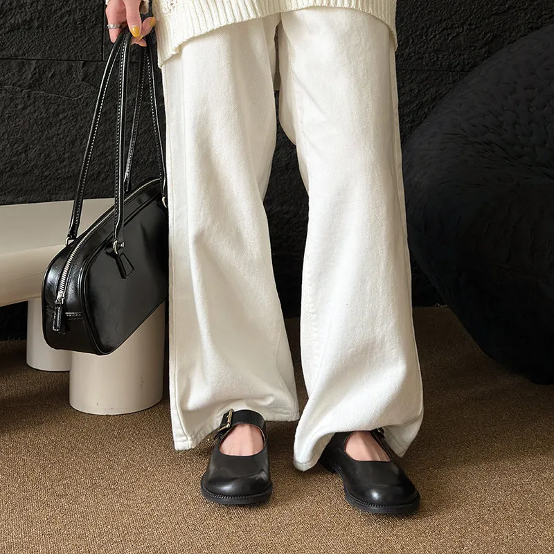 Women's Handmade Genuine Leather Buckle Mary Jane Mule Shoes Round Toe Flats