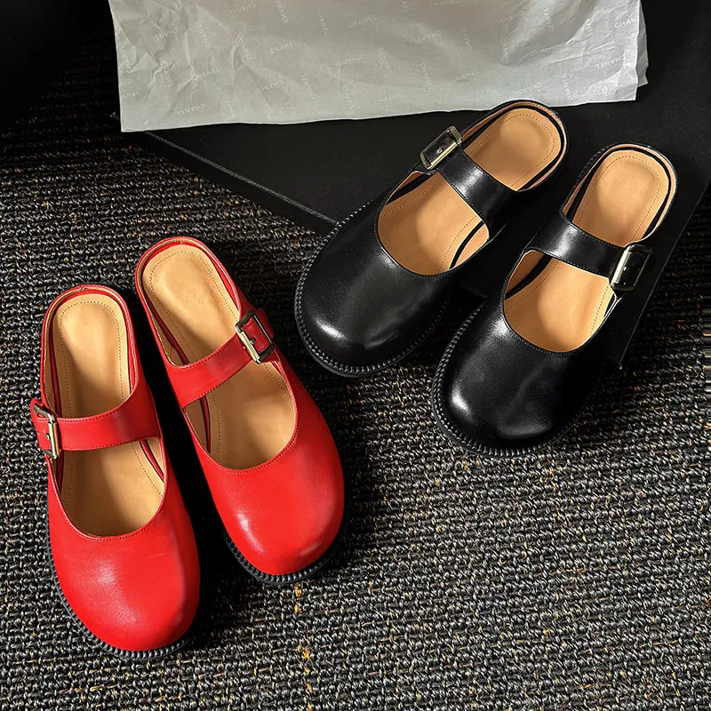 Women's Handmade Genuine Leather Buckle Mary Jane Mule Shoes Round Toe Flats