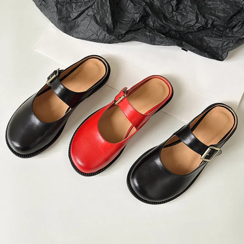 Women's Handmade Genuine Leather Buckle Mary Jane Mule Shoes Round Toe Flats
