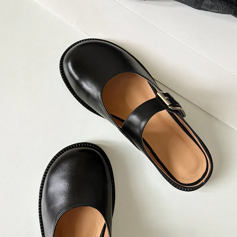 Women's Handmade Genuine Leather Buckle Mary Jane Mule Shoes Round Toe Flats