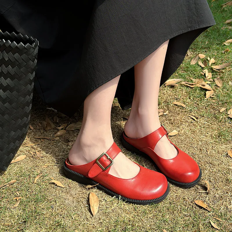 Women's Handmade Genuine Leather Buckle Mary Jane Mule Shoes Round Toe Flats