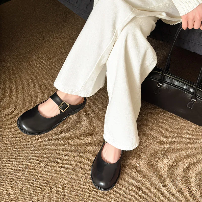 Women's Handmade Genuine Leather Buckle Mary Jane Mule Shoes Round Toe Flats