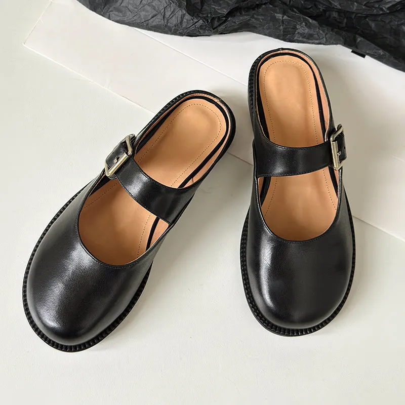 Women's Handmade Genuine Leather Buckle Mary Jane Mule Shoes Round Toe Flats