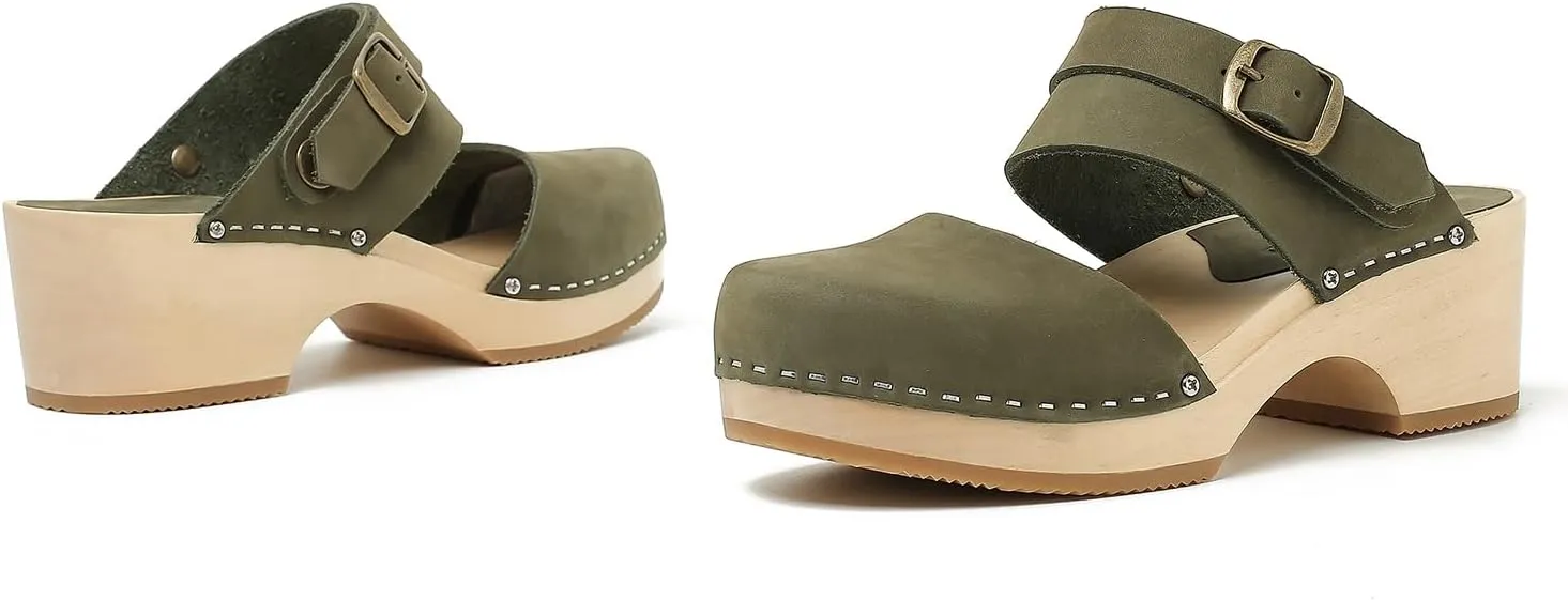 Women's Handmade Wooden Clog Mule 2.3" Open Back Leather Clogs Classic Ankle-Strap Clogs Mule for Long-Lasting Wear