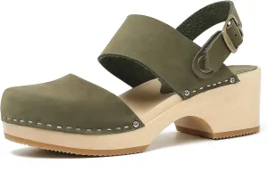 Women's Handmade Wooden Clog Mule 2.3" Open Back Leather Clogs Classic Ankle-Strap Clogs Mule for Long-Lasting Wear