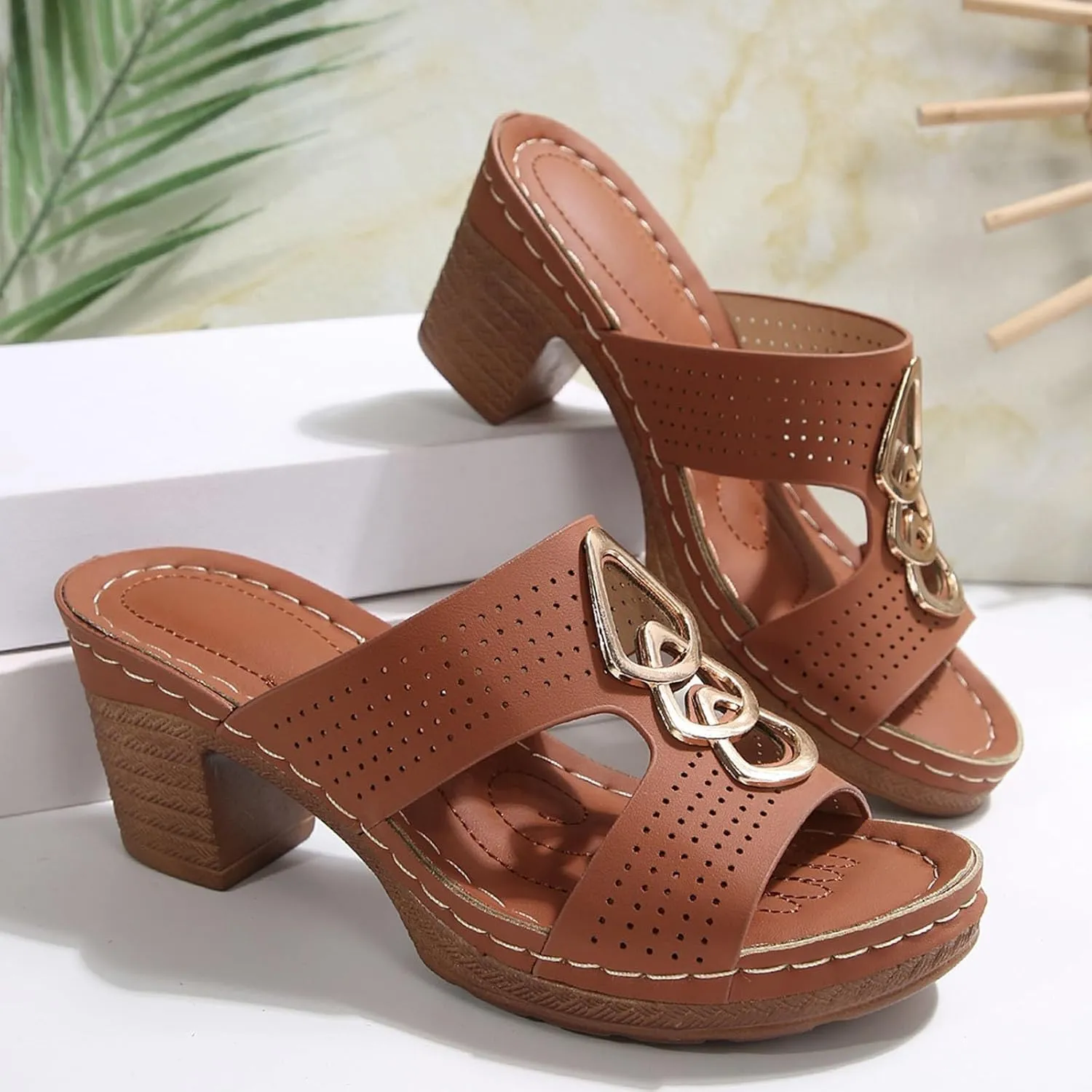 Women's Heeled Sandals Open Toe Slip On Block Womens Chunky Mid Heels Ankle Strap Sandal Metal Decoration Slippers Casual Comfortable Summer Flip Flops Backless Mules Adjustable Slide Walking Shoes