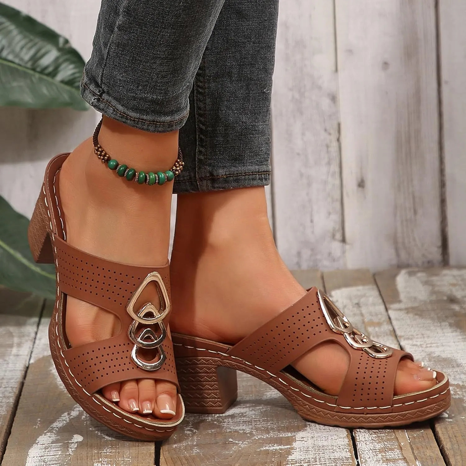 Women's Heeled Sandals Open Toe Slip On Block Womens Chunky Mid Heels Ankle Strap Sandal Metal Decoration Slippers Casual Comfortable Summer Flip Flops Backless Mules Adjustable Slide Walking Shoes
