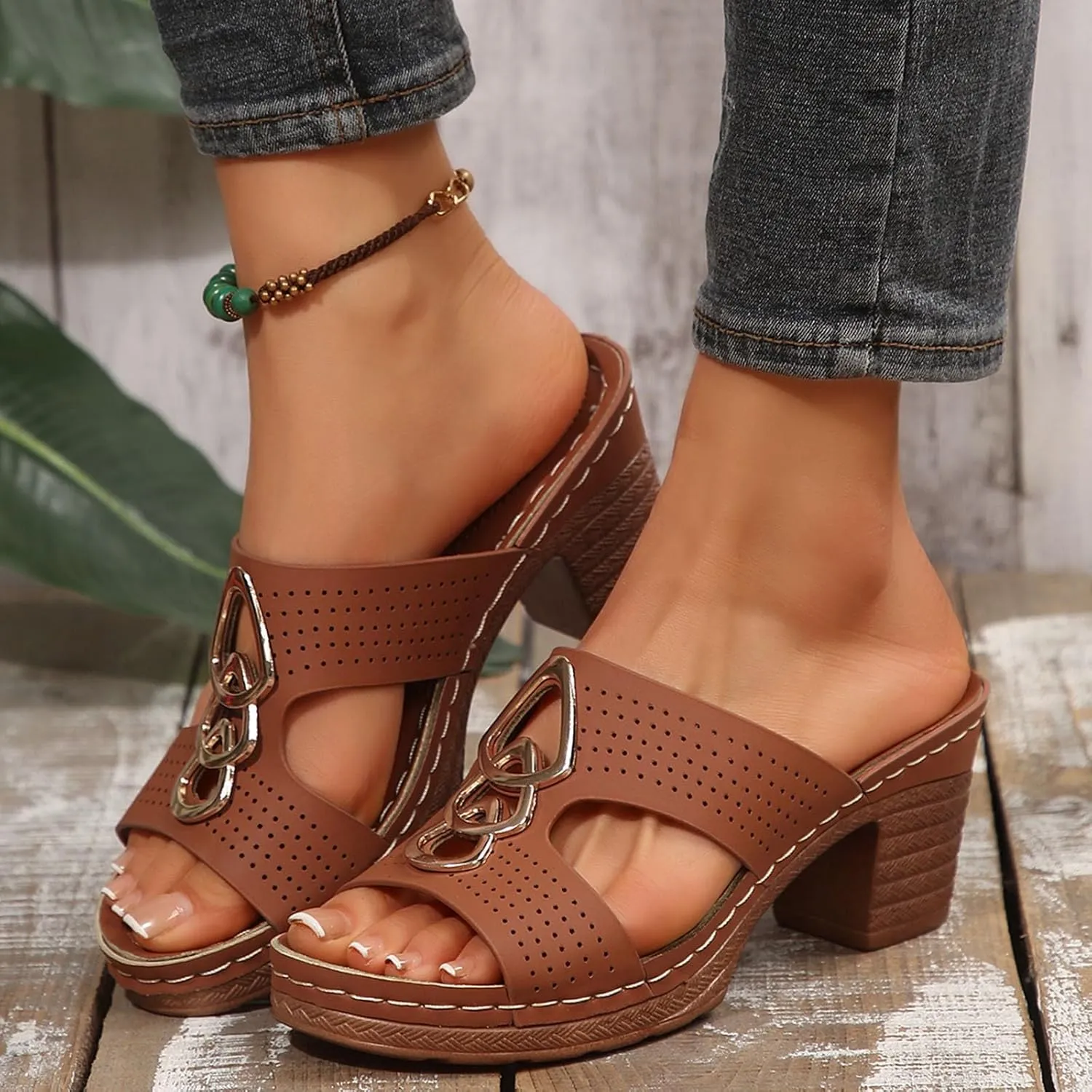 Women's Heeled Sandals Open Toe Slip On Block Womens Chunky Mid Heels Ankle Strap Sandal Metal Decoration Slippers Casual Comfortable Summer Flip Flops Backless Mules Adjustable Slide Walking Shoes