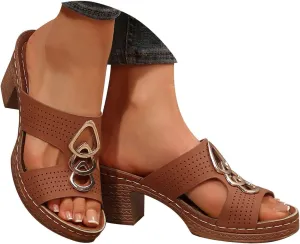 Women's Heeled Sandals Open Toe Slip On Block Womens Chunky Mid Heels Ankle Strap Sandal Metal Decoration Slippers Casual Comfortable Summer Flip Flops Backless Mules Adjustable Slide Walking Shoes